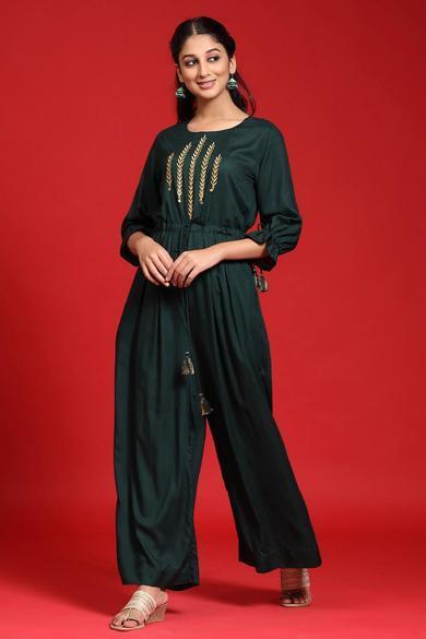 Jadegreen Rayon Slub Embroidered Jumpsuit With Mask