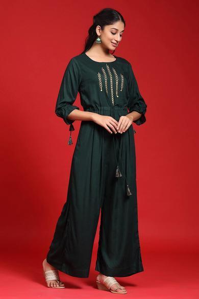 Jadegreen Rayon Slub Embroidered Jumpsuit With Mask