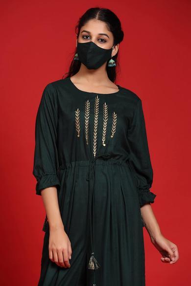 Jadegreen Rayon Slub Embroidered Jumpsuit With Mask