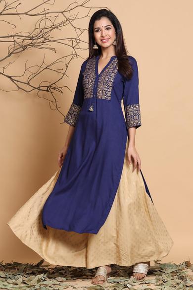 Indigo Rayon Printed Straight Kurta With Mask