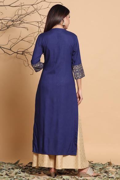 Indigo Rayon Printed Straight Kurta With Mask