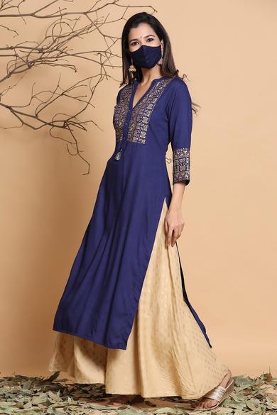 Indigo Rayon Printed Straight Kurta With Mask