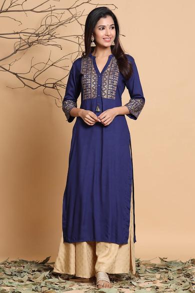 Indigo Rayon Printed Straight Kurta With Mask