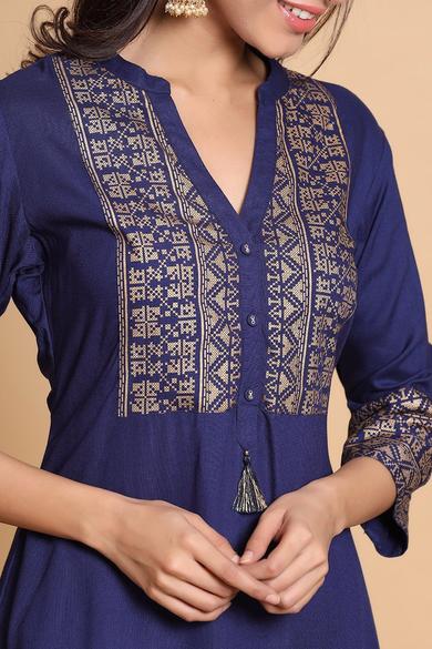 Indigo Rayon Printed Straight Kurta With Mask