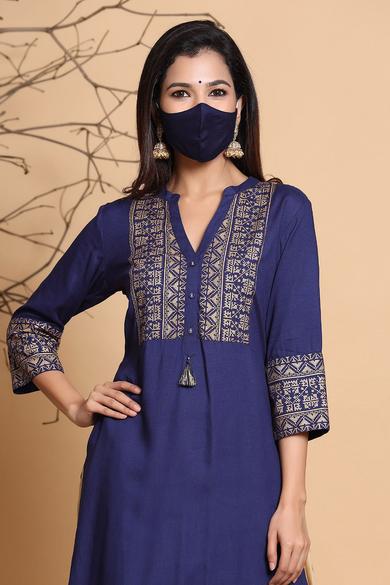 Indigo Rayon Printed Straight Kurta With Mask