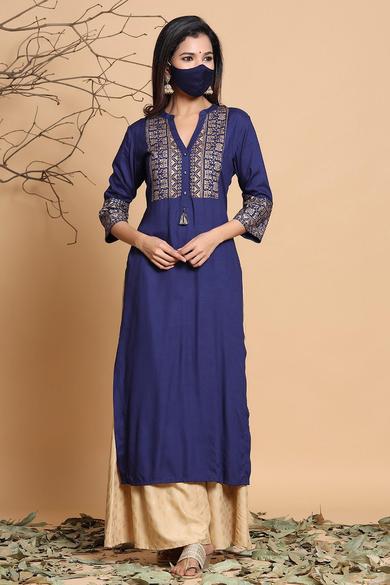 Indigo Rayon Printed Straight Kurta With Mask