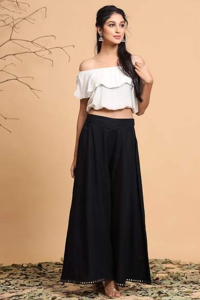 Black Rayon Solid Flared Palazzo with Scrunchie