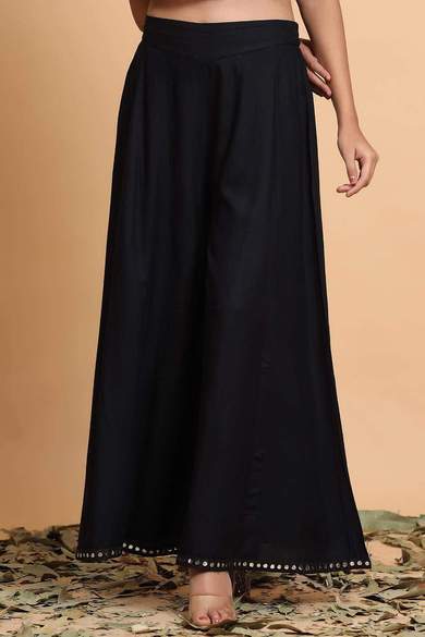 Black Rayon Solid Flared Palazzo with Scrunchie