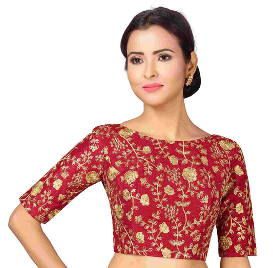 Women's Maroon Embroidered Blouse by Shringaa