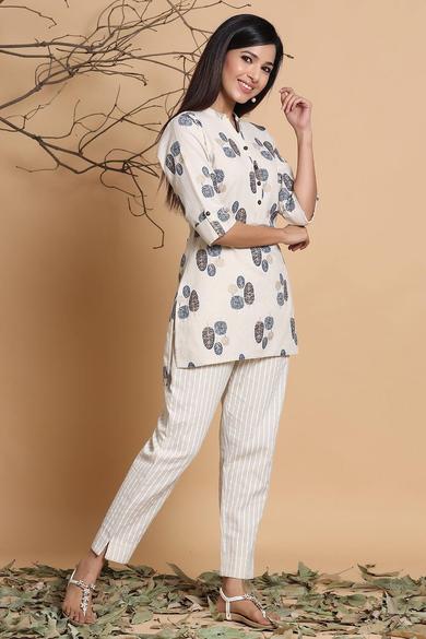 Natural Cotton Flex Printed High Low Kurta With Mask