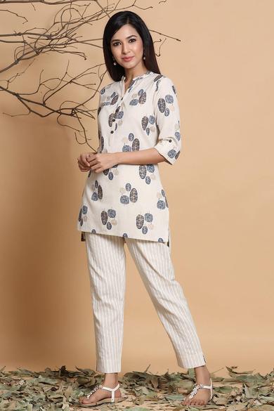 Natural Cotton Flex Printed High Low Kurta With Mask