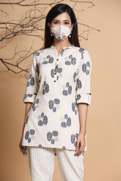 Natural Cotton Flex Printed High Low Kurta With Mask