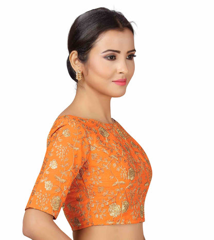 Women's Orange Zari Embroidered Blouse by Shringaa