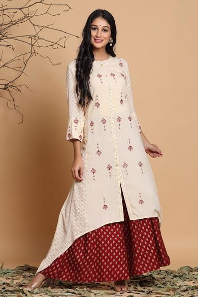 Ivory Rayon Printed Asymmetric Kurta With Mask