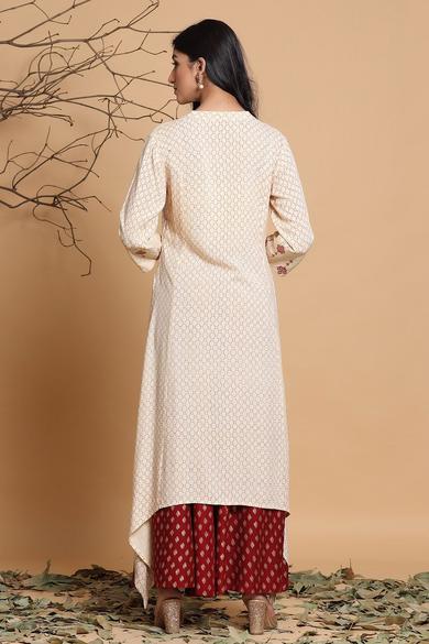 Ivory Rayon Printed Asymmetric Kurta With Mask