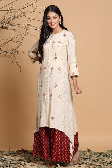 Ivory Rayon Printed Asymmetric Kurta With Mask