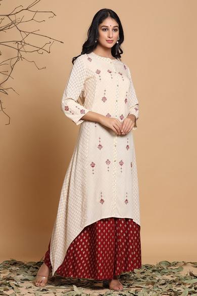 Ivory Rayon Printed Asymmetric Kurta With Mask
