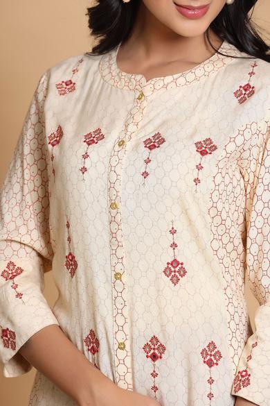 Ivory Rayon Printed Asymmetric Kurta With Mask