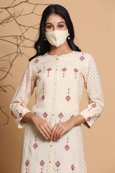 Ivory Rayon Printed Asymmetric Kurta With Mask
