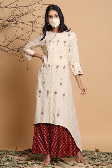 Ivory Rayon Printed Asymmetric Kurta With Mask
