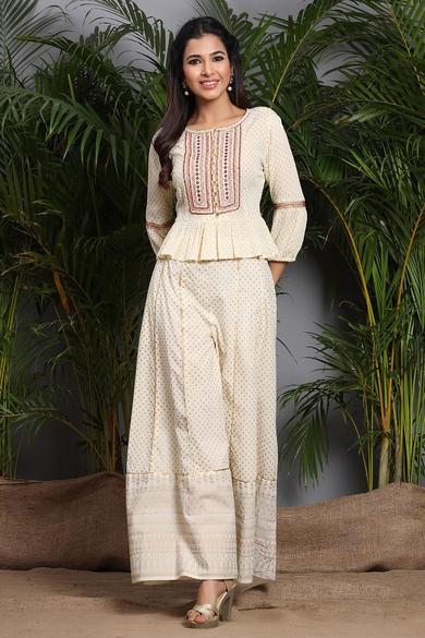 Ivory Rayon Crepe Embroidered Peplum Crop-Top With Cambric Palazzo