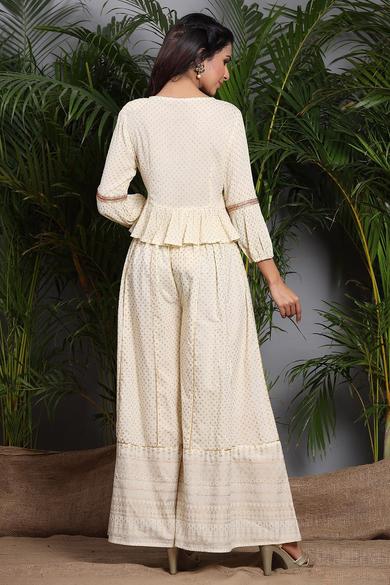 Ivory Rayon Crepe Embroidered Peplum Crop-Top With Cambric Palazzo