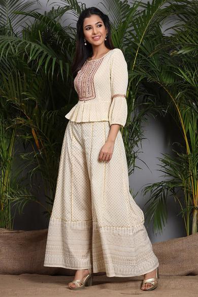 Ivory Rayon Crepe Embroidered Peplum Crop-Top With Cambric Palazzo