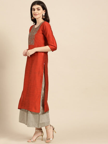 Women's Rust Red & Green Yoke Design Straight Kurta With Zari Detail