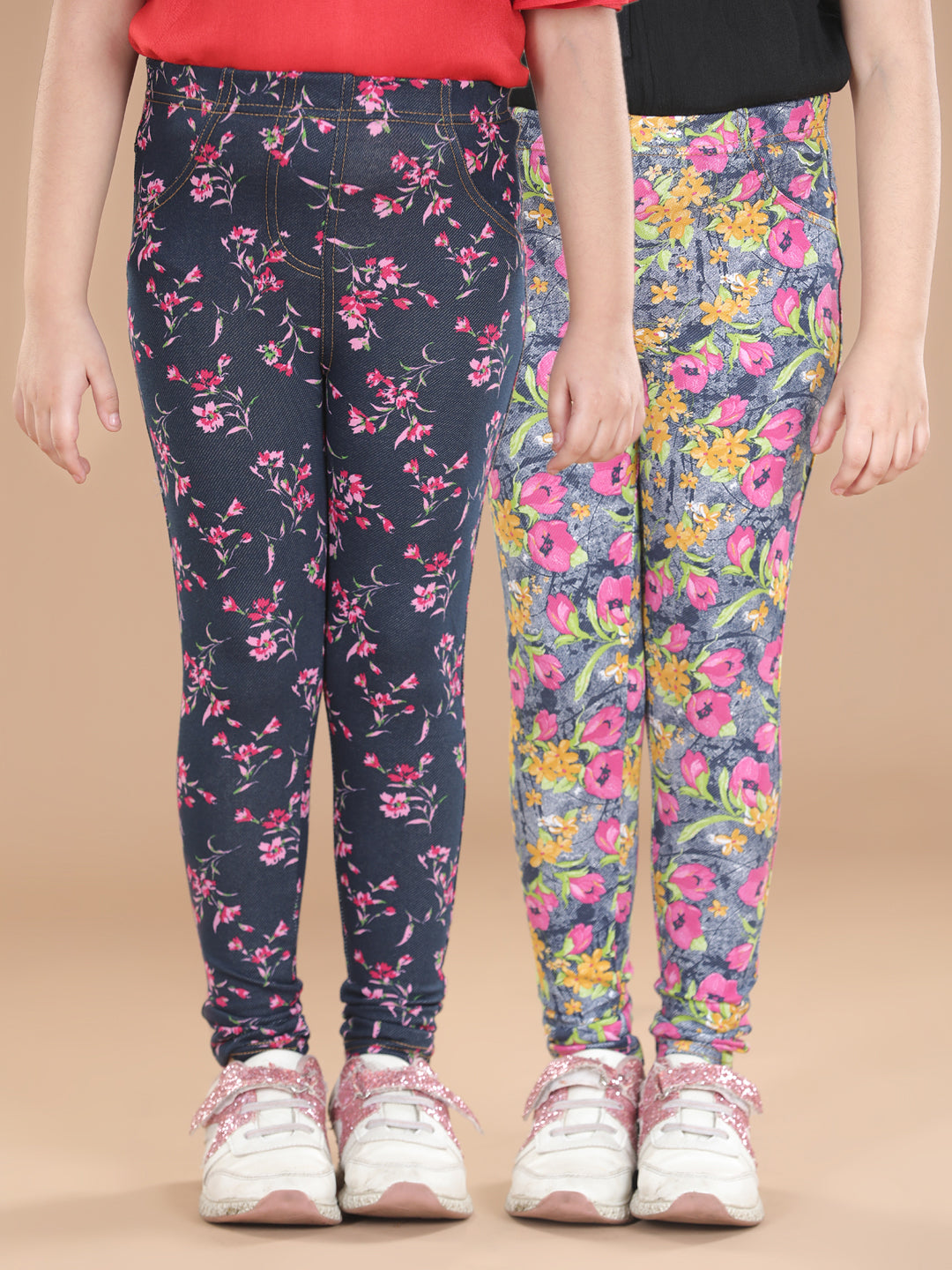 Girl's  Cotton Floral Printed Pack Of 2 Jeggings - S