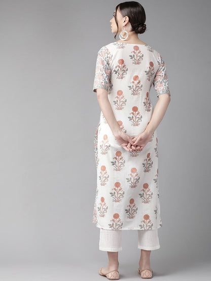Women's  White & Rust Red Printed Angrakha Straight Kurta