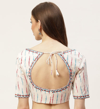 Women's Off-White Cotton Ikat Embroidered Padded Saree Blouse