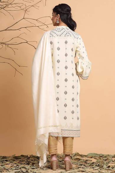 Ivory Rayon Printed Straight Kurta Dupatta Set With Rubber-Band
