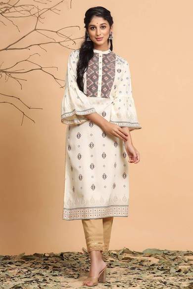 Ivory Rayon Printed Straight Kurta Dupatta Set With Rubber-Band