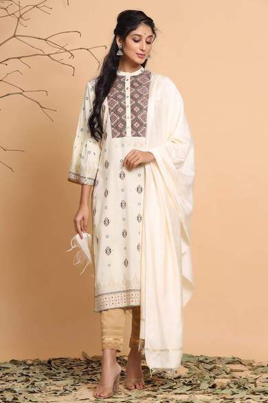 Ivory Rayon Printed Straight Kurta Dupatta Set With Rubber-Band