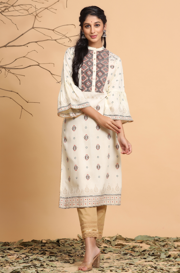 Women's Ivory K- Rayon Staple, B- Cotton Flex, D- Viscose Solid Straight Kurta Set