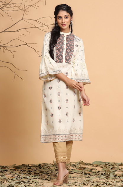 Women's Ivory K- Rayon Staple, B- Cotton Flex, D- Viscose Solid Straight Kurta Set