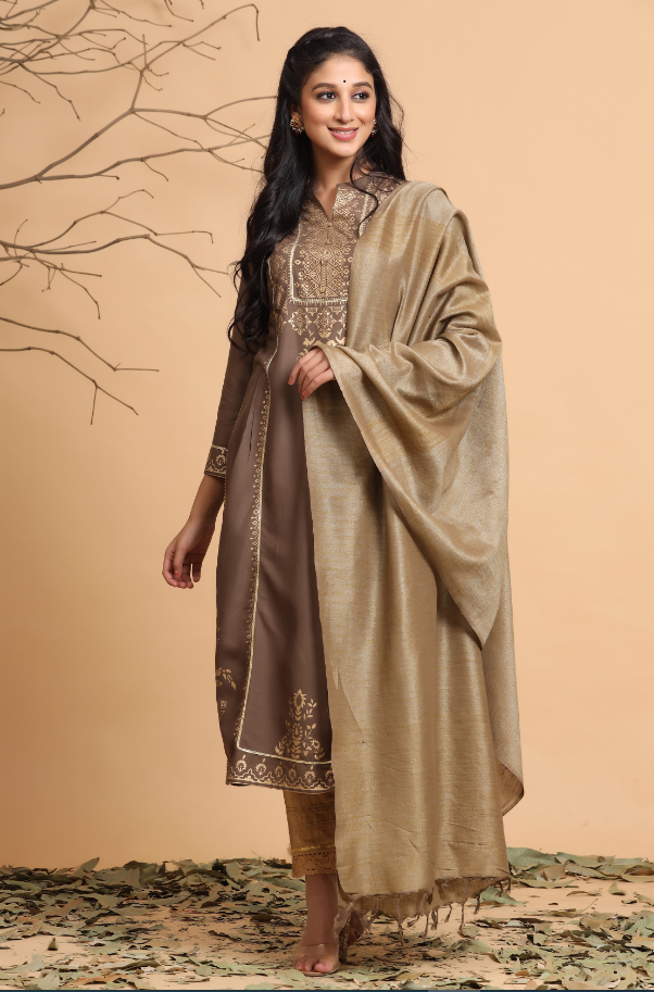Women's Brown Rayon Printed Straight Kurta Set