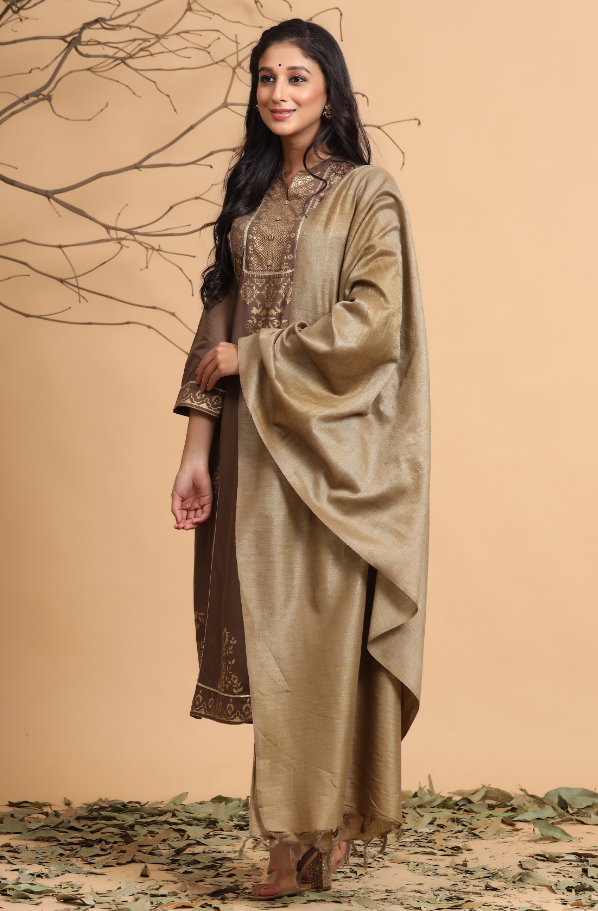 Women's Brown Rayon Printed Straight Kurta Set