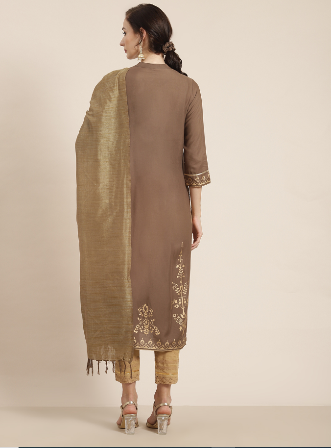Women's Brown Rayon Printed Straight Kurta Set