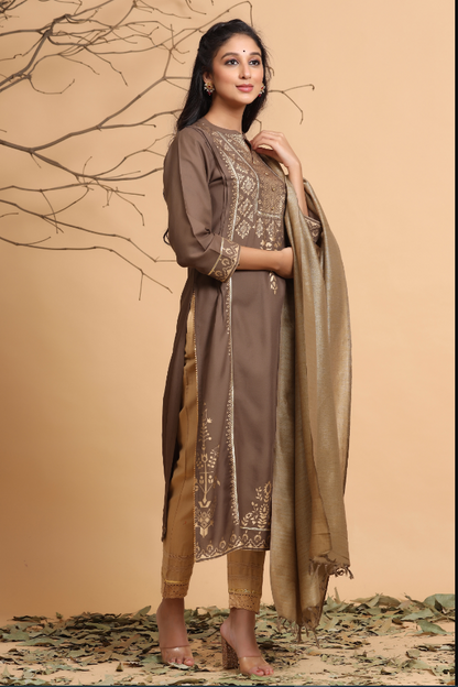 Women's Brown Rayon Printed Straight Kurta Set