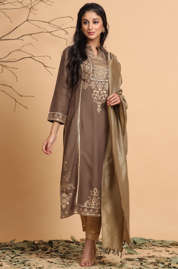 Women's Brown Rayon Printed Straight Kurta Set