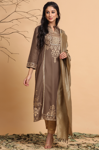 Women's Brown Rayon Printed Straight Kurta Set