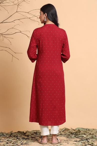 Maroon Rayon Slub Bandhani A-Line Kurta With Mask