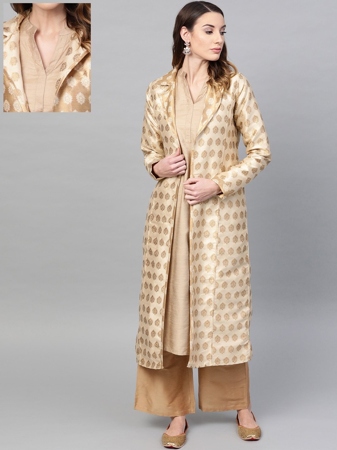 Women's  Off-White & Golden Woven Design Brocade Reversible Longline Open Front Ethnic Jacket