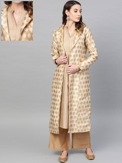Women's  Off-White & Golden Woven Design Brocade Reversible Longline Open Front Ethnic Jacket