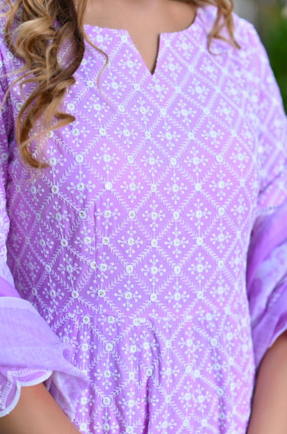 Women's Lavender Embroidery Anarkli Kurta With Trousers & Dupatta