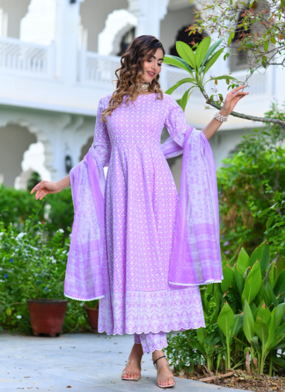 Women's Lavender Embroidery Anarkli Kurta With Trousers & Dupatta