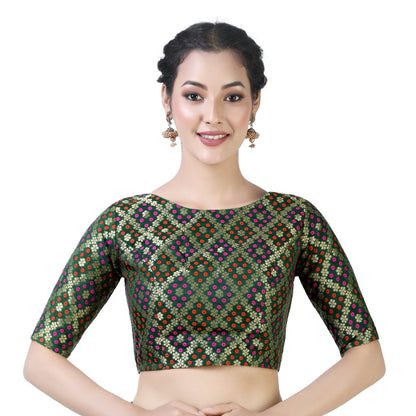 Women Bottle Green Brocade Saree Blouse by Shr