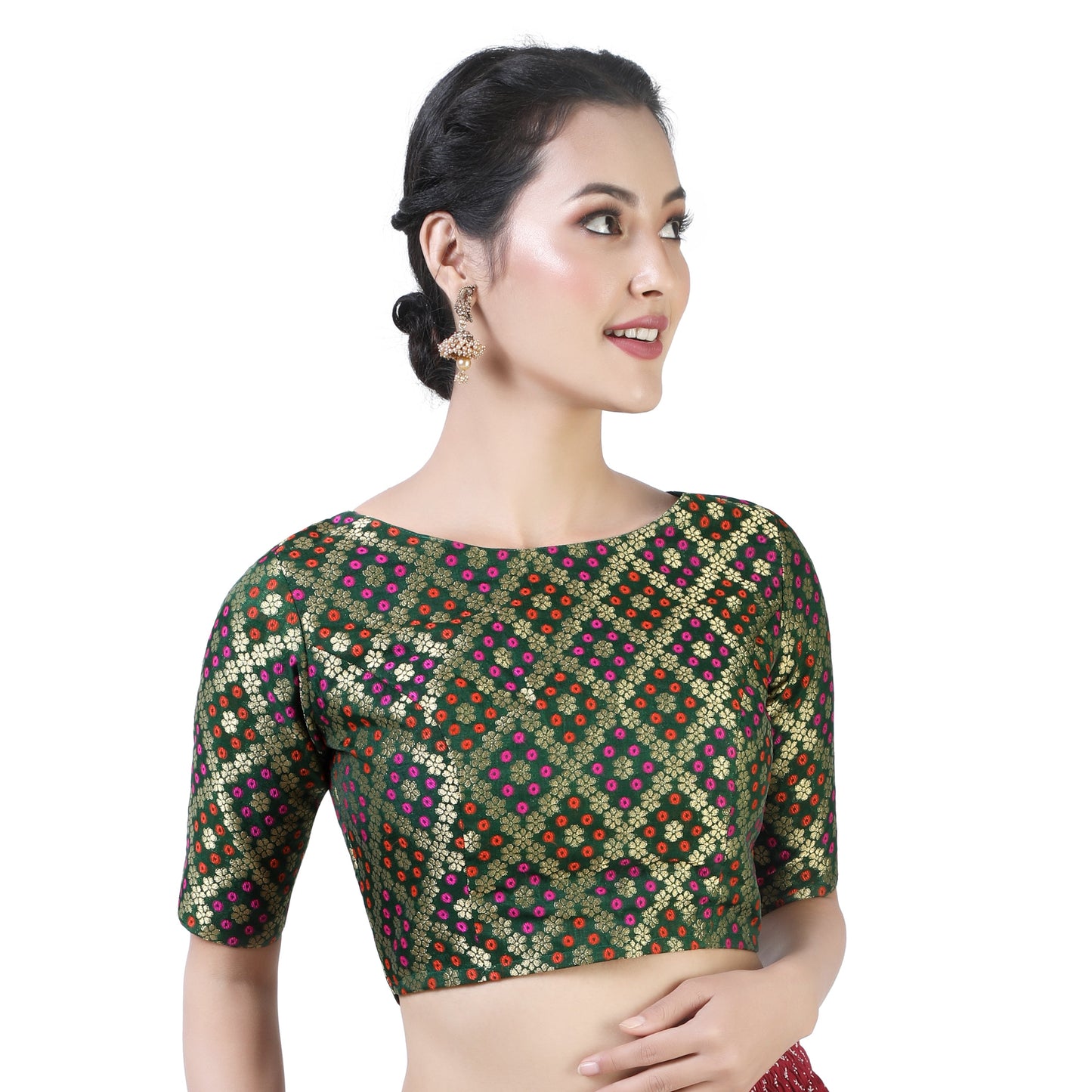 Women Bottle Green Brocade Saree Blouse by Shr