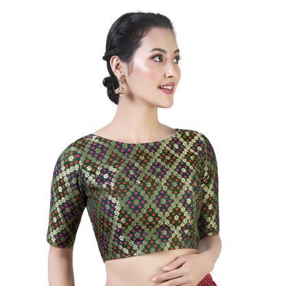 Women Bottle Green Brocade Saree Blouse by Shr